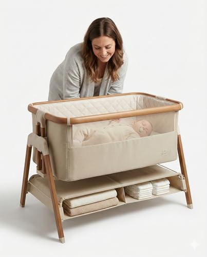 Venture Sona Next To Me Crib – Adjustable Baby Bed with Dropside, Premium Mattress, Breathable Mesh & Storage Shelf - No-Tool Assembly Bedside Baby Crib, Bassinet for Newborns 0–6 Months - Grey