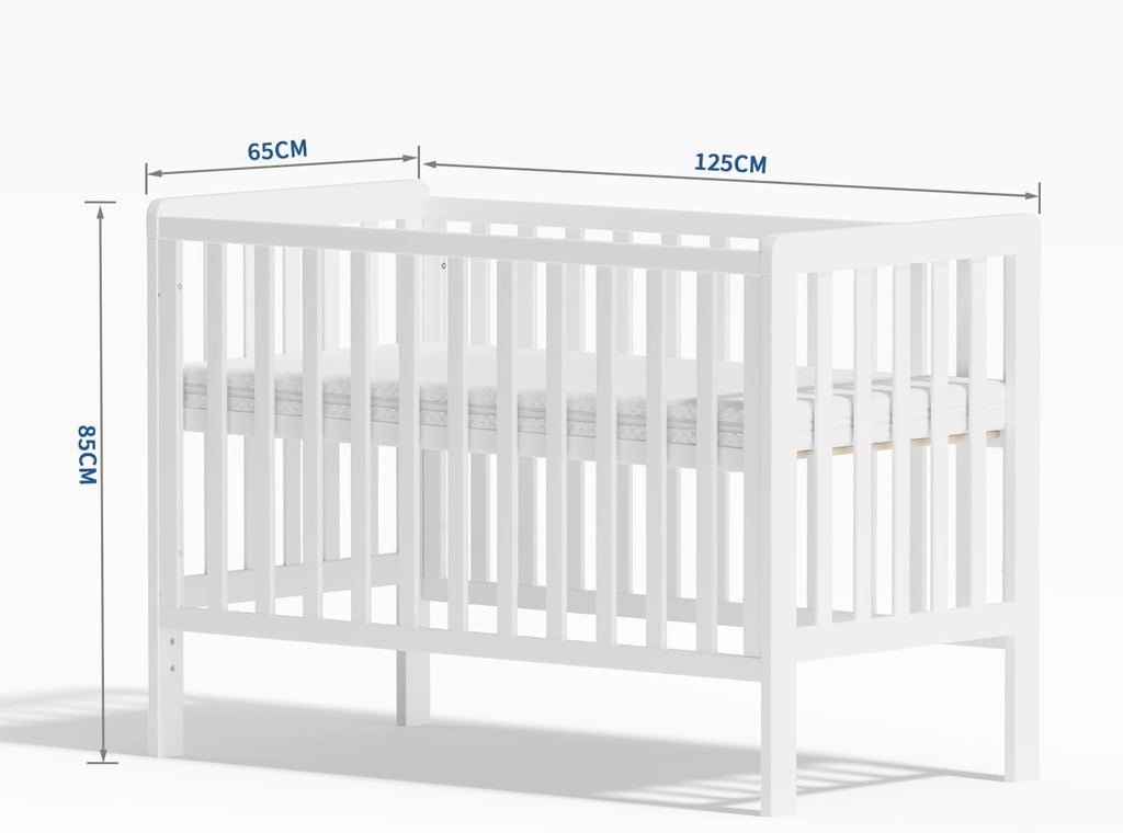 Wooden Baby Cot Bed With Deluxe Aloe Vera Mattress，Baby Crib，Convertible Cot，Baby Crib，3 Adjustable Bed Base Positions (120x60CM)
