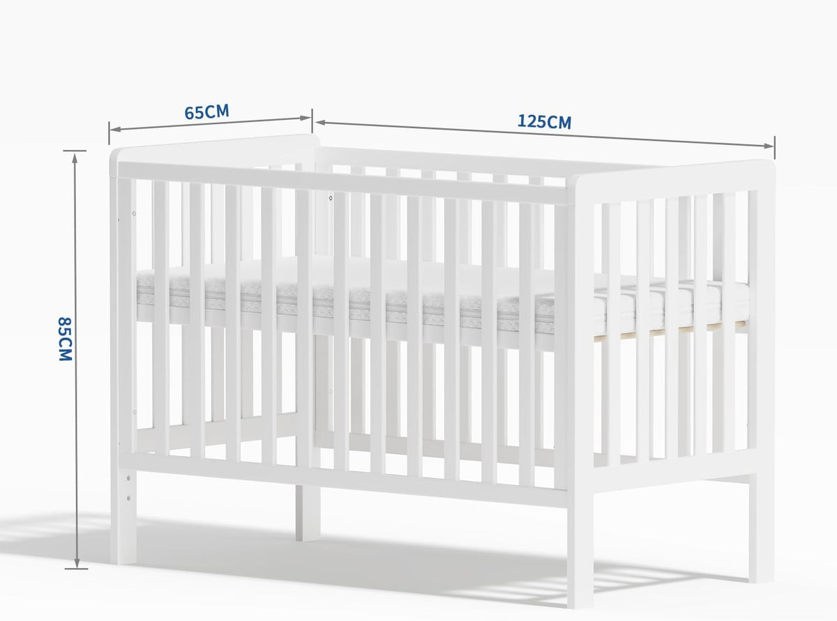 Wooden Baby Cot Bed With Deluxe Aloe Vera Mattress，Baby Crib，Convertible Cot，Baby Crib，3 Adjustable Bed Base Positions (120x60CM)