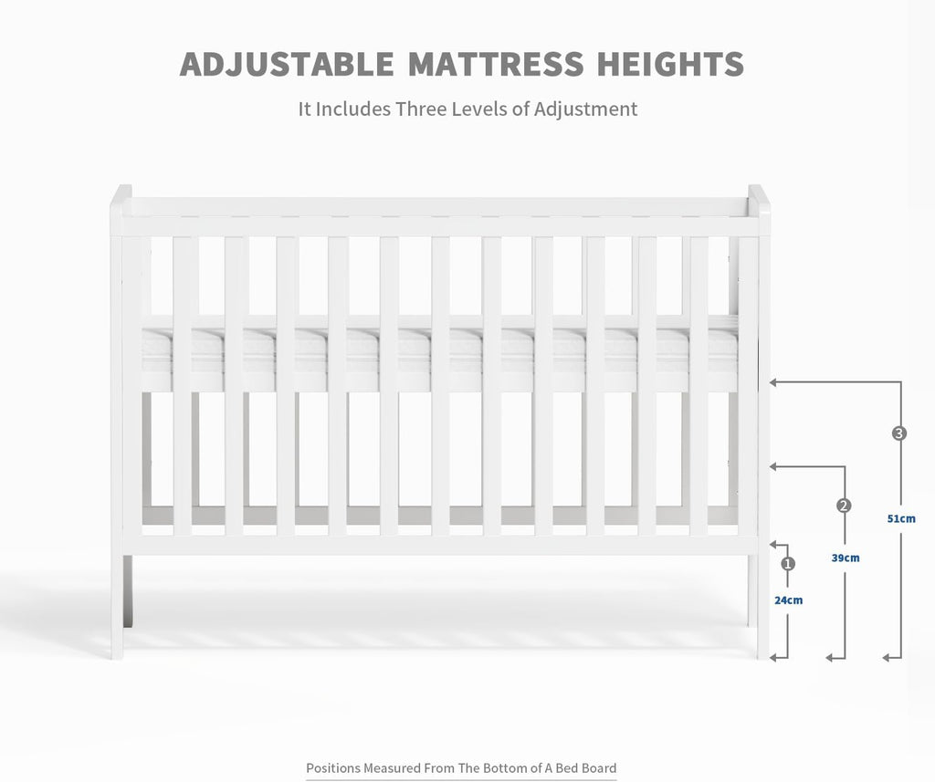 Wooden Baby Cot Bed With Deluxe Aloe Vera Mattress，Baby Crib，Convertible Cot，Baby Crib，3 Adjustable Bed Base Positions (120x60CM)