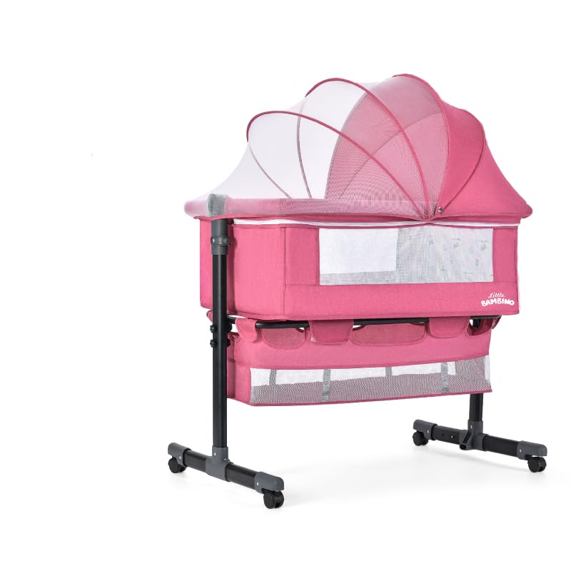 Bedside Crib for Baby, Bassinet Sleeper with Wheels, Height Adjustable, Tilts & Rocks, with Mosquito Nets, Large Storage Bag, for Infant/Baby/Newborn (Pink)