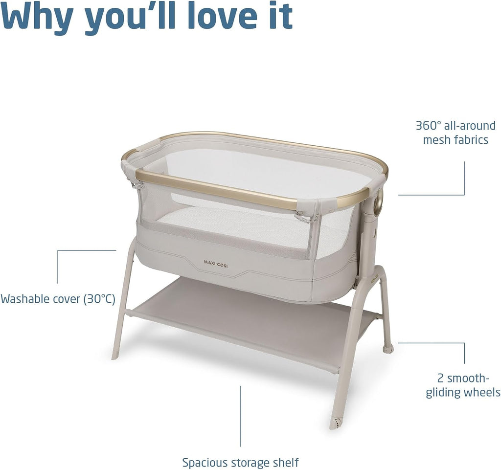 Maxi Cosi Iora² Co-Sleeping Bassinet, 0–6 Months (9 kg), Foldable & Lightweight Baby Bedside Crib, 5 cm CloudCore mattress, 5 Height Levels, 2 Smooth Gliding Wheels, Easy Slide, Elegance Beige