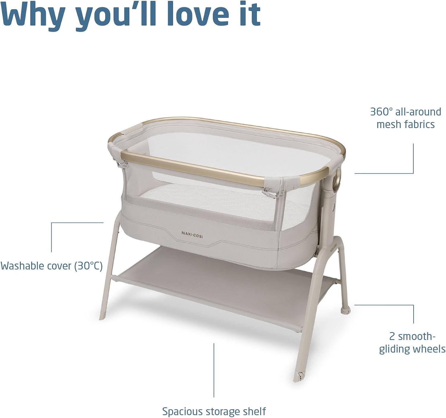 Maxi Cosi Iora² Co-Sleeping Bassinet, 0–6 Months (9 kg), Foldable & Lightweight Baby Bedside Crib, 5 cm CloudCore mattress, 5 Height Levels, 2 Smooth Gliding Wheels, Easy Slide, Elegance Beige