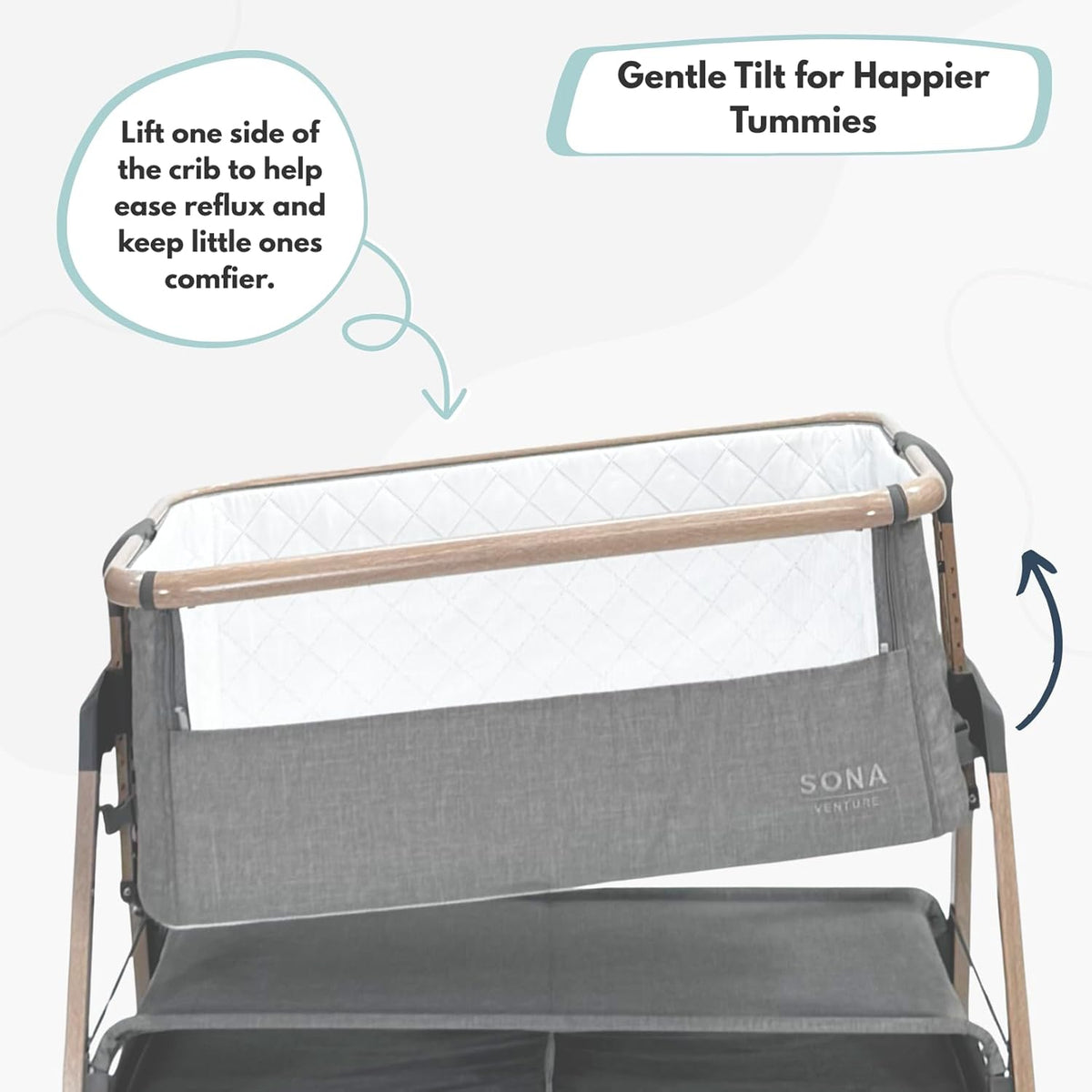 Venture Sona Next To Me Crib – Adjustable Baby Bed with Dropside, Premium Mattress, Breathable Mesh & Storage Shelf - No-Tool Assembly Bedside Baby Crib, Bassinet for Newborns 0–6 Months - Grey