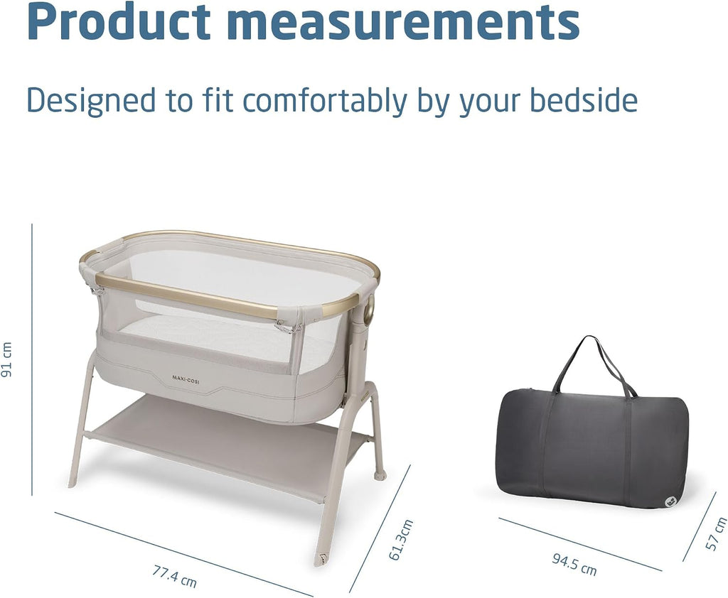 Maxi Cosi Iora² Co-Sleeping Bassinet, 0–6 Months (9 kg), Foldable & Lightweight Baby Bedside Crib, 5 cm CloudCore mattress, 5 Height Levels, 2 Smooth Gliding Wheels, Easy Slide, Elegance Beige