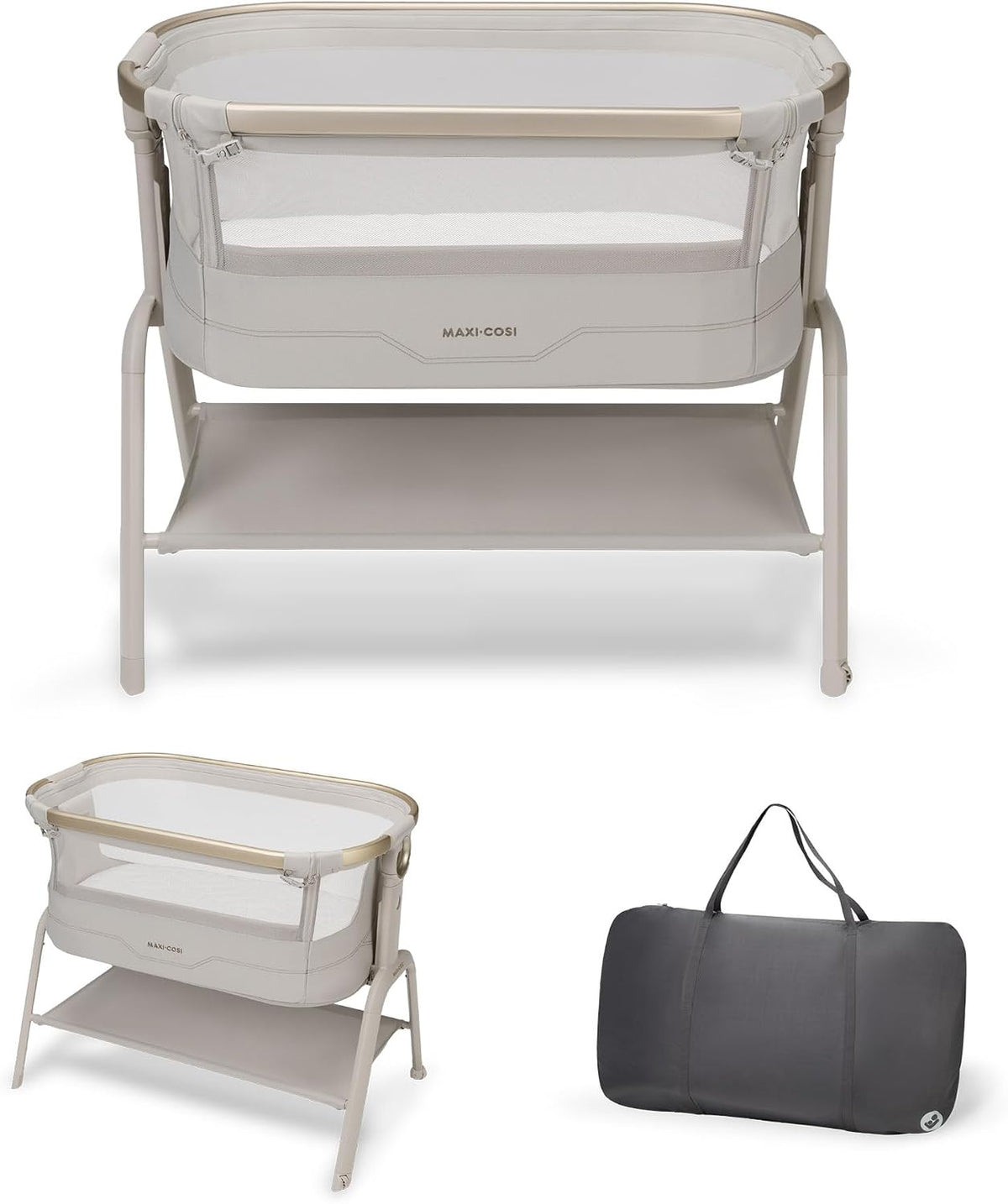 Maxi Cosi Iora² Co-Sleeping Bassinet, 0–6 Months (9 kg), Foldable & Lightweight Baby Bedside Crib, 5 cm CloudCore mattress, 5 Height Levels, 2 Smooth Gliding Wheels, Easy Slide, Elegance Beige