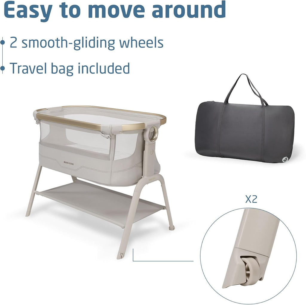 Maxi Cosi Iora² Co-Sleeping Bassinet, 0–6 Months (9 kg), Foldable & Lightweight Baby Bedside Crib, 5 cm CloudCore mattress, 5 Height Levels, 2 Smooth Gliding Wheels, Easy Slide, Elegance Beige