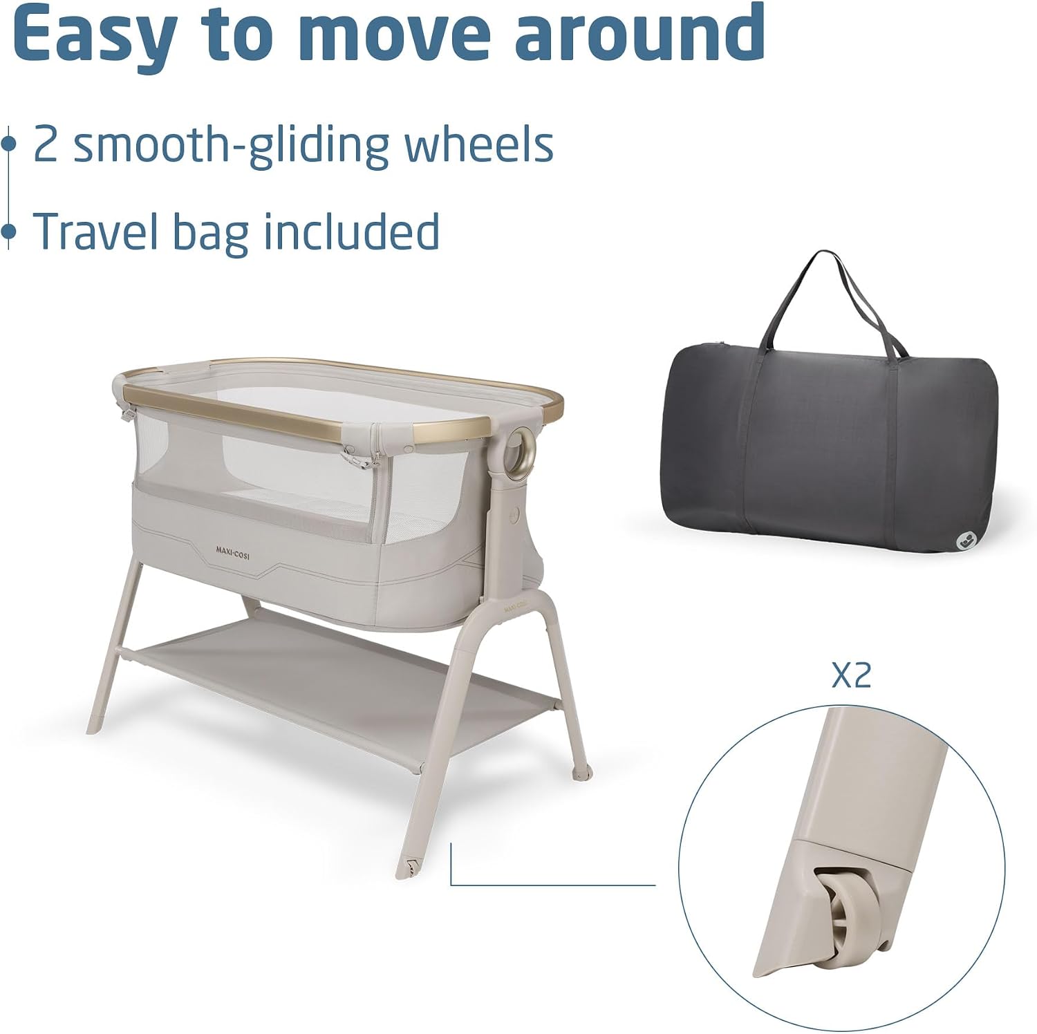 Maxi Cosi Iora² Co-Sleeping Bassinet, 0–6 Months (9 kg), Foldable & Lightweight Baby Bedside Crib, 5 cm CloudCore mattress, 5 Height Levels, 2 Smooth Gliding Wheels, Easy Slide, Elegance Beige