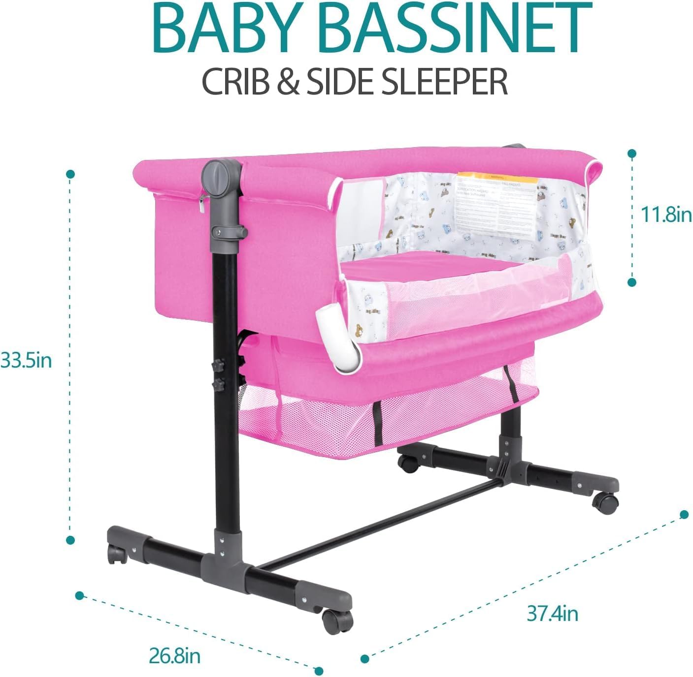 Bedside Crib for Baby, Bassinet Sleeper with Wheels, Height Adjustable, Tilts & Rocks, with Mosquito Nets, Large Storage Bag, for Infant/Baby/Newborn (Pink)
