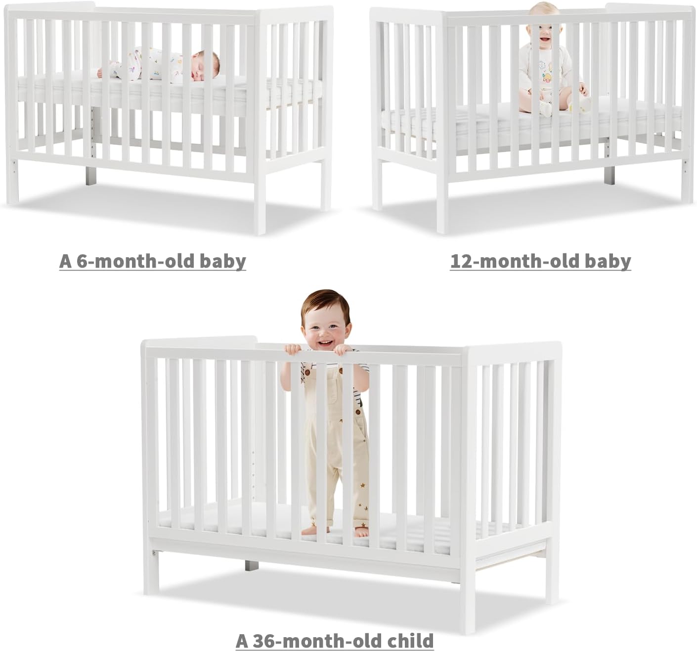 Wooden Baby Cot Bed With Deluxe Aloe Vera Mattress，Baby Crib，Convertible Cot，Baby Crib，3 Adjustable Bed Base Positions (120x60CM)