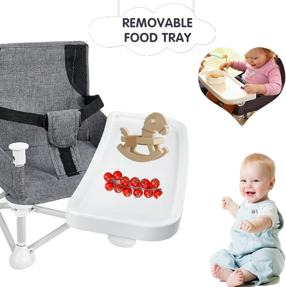 Baby Portable Travel Booster Seat Folding Dining Chair High Multifunctional Child Little Seat Dining Aluminum Alloy Travel Compact high Chair with Tray Grey
