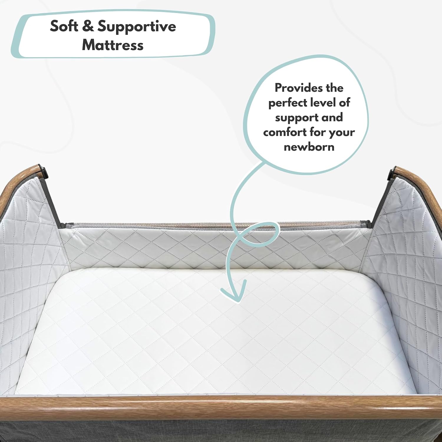 Venture Sona Next To Me Crib – Adjustable Baby Bed with Dropside, Premium Mattress, Breathable Mesh & Storage Shelf - No-Tool Assembly Bedside Baby Crib, Bassinet for Newborns 0–6 Months - Grey