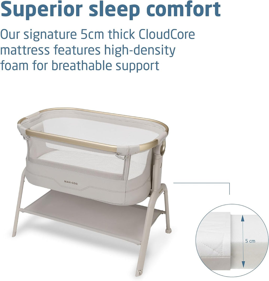 Maxi Cosi Iora² Co-Sleeping Bassinet, 0–6 Months (9 kg), Foldable & Lightweight Baby Bedside Crib, 5 cm CloudCore mattress, 5 Height Levels, 2 Smooth Gliding Wheels, Easy Slide, Elegance Beige