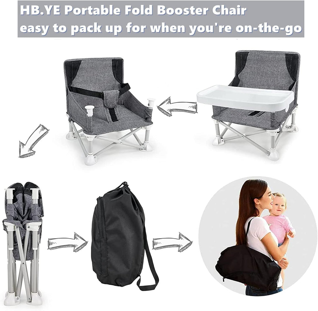 Baby Portable Travel Booster Seat Folding Dining Chair High Multifunctional Child Little Seat Dining Aluminum Alloy Travel Compact high Chair with Tray Grey