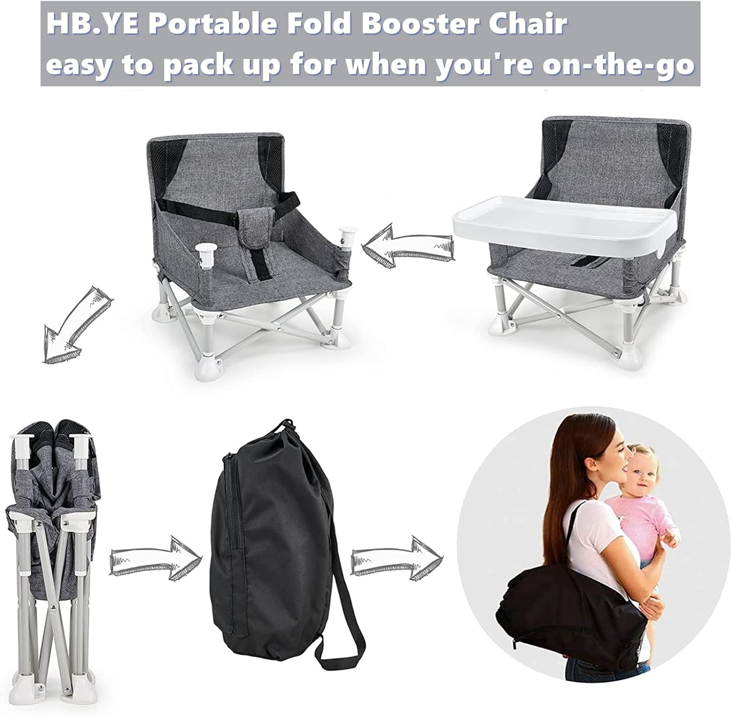 Baby Portable Travel Booster Seat Folding Dining Chair High Multifunctional Child Little Seat Dining Aluminum Alloy Travel Compact high Chair with Tray Grey