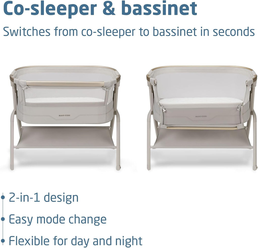 Maxi Cosi Iora² Co-Sleeping Bassinet, 0–6 Months (9 kg), Foldable & Lightweight Baby Bedside Crib, 5 cm CloudCore mattress, 5 Height Levels, 2 Smooth Gliding Wheels, Easy Slide, Elegance Beige