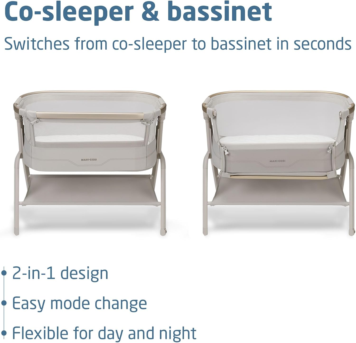 Maxi Cosi Iora² Co-Sleeping Bassinet, 0–6 Months (9 kg), Foldable & Lightweight Baby Bedside Crib, 5 cm CloudCore mattress, 5 Height Levels, 2 Smooth Gliding Wheels, Easy Slide, Elegance Beige