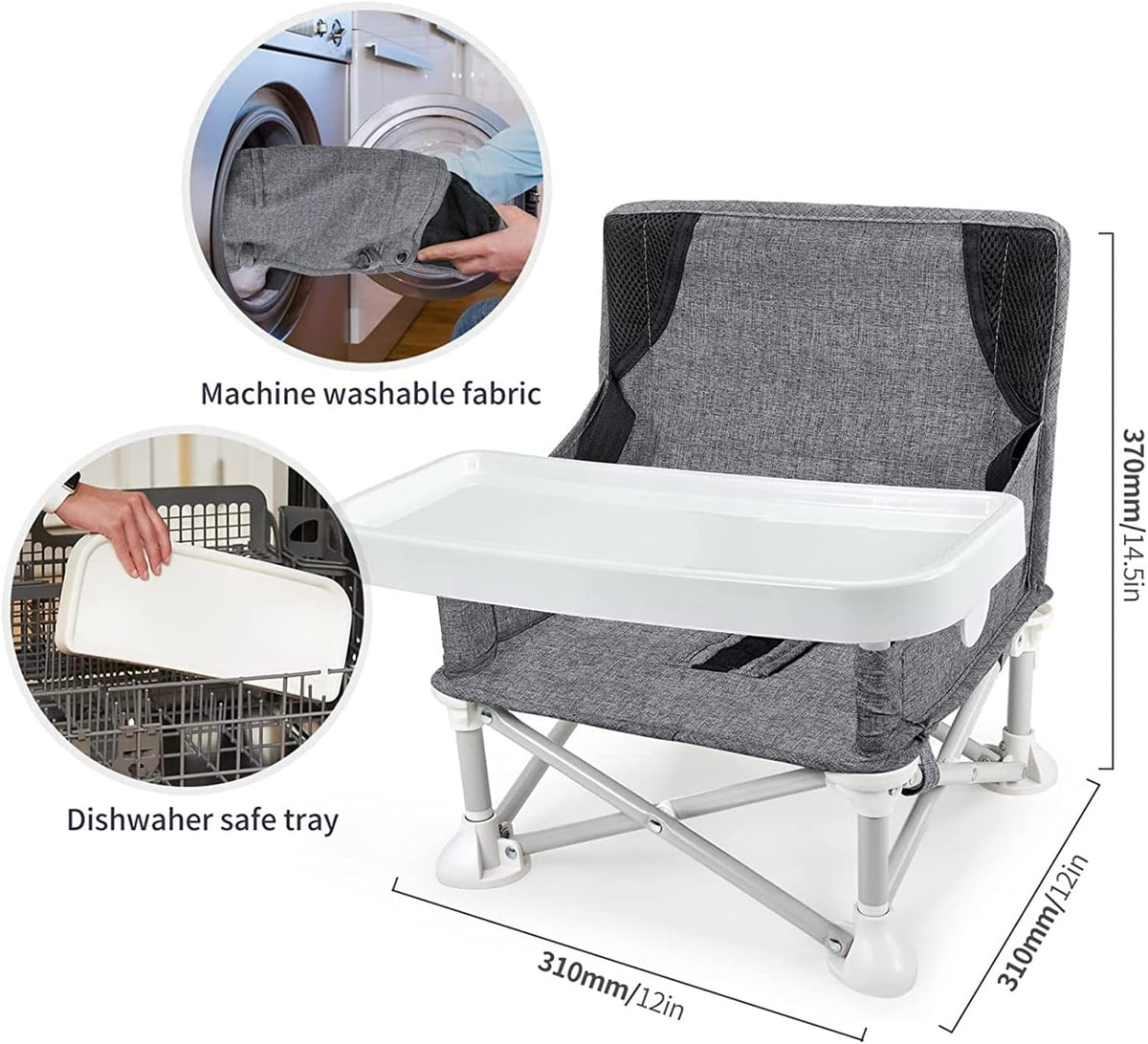 Baby Portable Travel Booster Seat Folding Dining Chair High Multifunctional Child Little Seat Dining Aluminum Alloy Travel Compact high Chair with Tray Grey