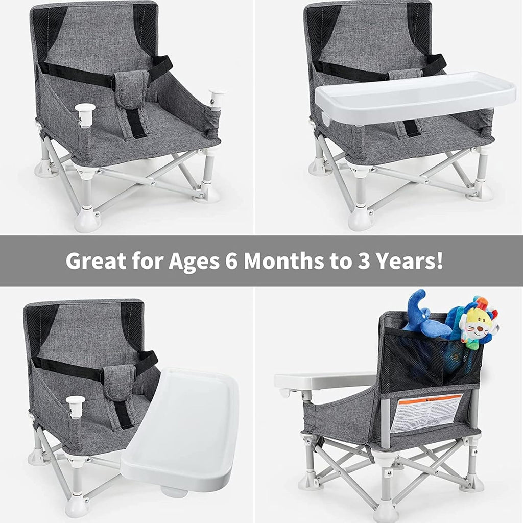 Baby Portable Travel Booster Seat Folding Dining Chair High Multifunctional Child Little Seat Dining Aluminum Alloy Travel Compact high Chair with Tray Grey