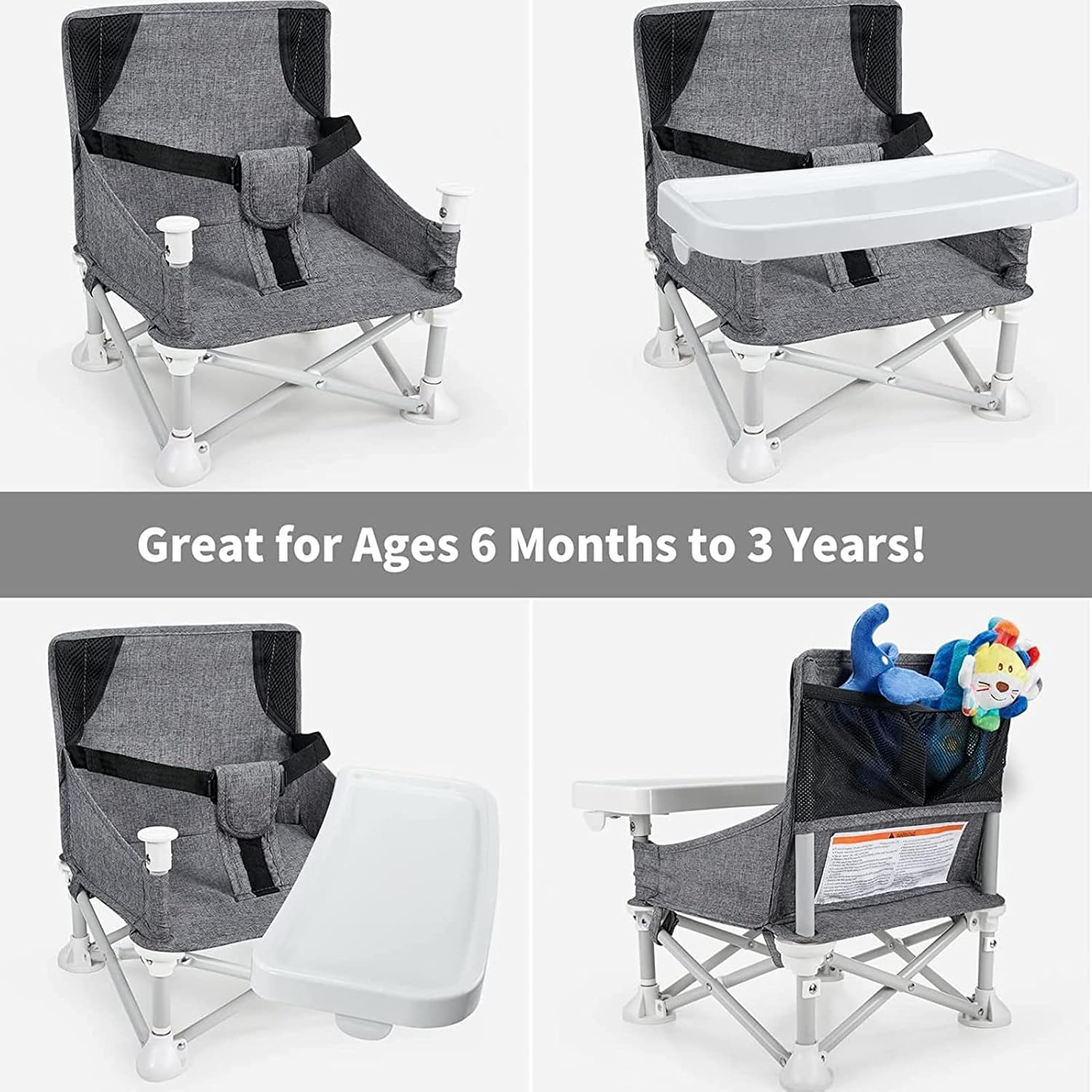 Baby Portable Travel Booster Seat Folding Dining Chair High Multifunctional Child Little Seat Dining Aluminum Alloy Travel Compact high Chair with Tray Grey