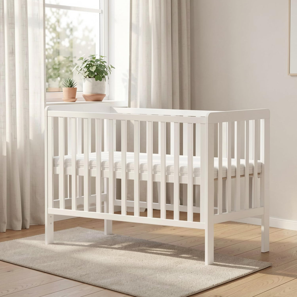 Wooden Baby Cot Bed With Deluxe Aloe Vera Mattress，Baby Crib，Convertible Cot，Baby Crib，3 Adjustable Bed Base Positions (120x60CM)