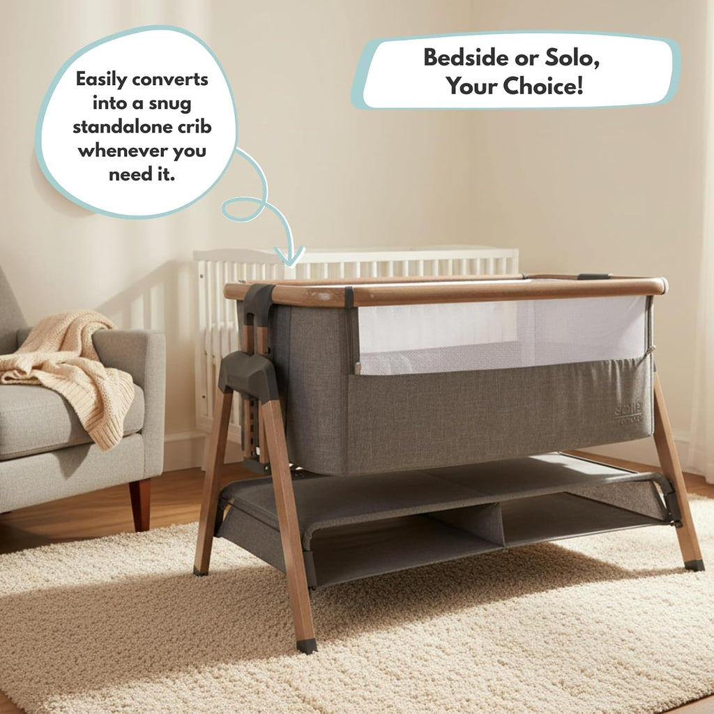 Venture Sona Next To Me Crib – Adjustable Baby Bed with Dropside, Premium Mattress, Breathable Mesh & Storage Shelf - No-Tool Assembly Bedside Baby Crib, Bassinet for Newborns 0–6 Months - Grey