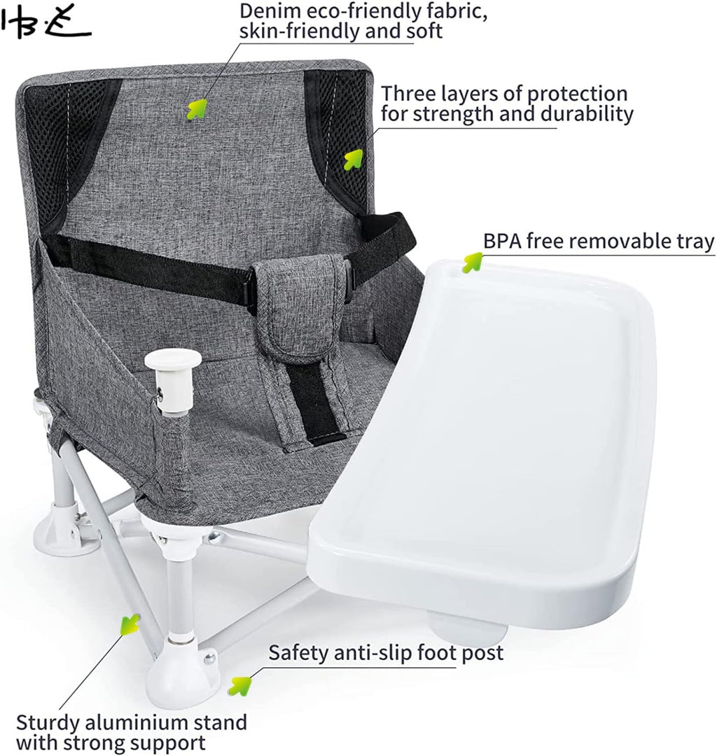 Baby Portable Travel Booster Seat Folding Dining Chair High Multifunctional Child Little Seat Dining Aluminum Alloy Travel Compact high Chair with Tray Grey