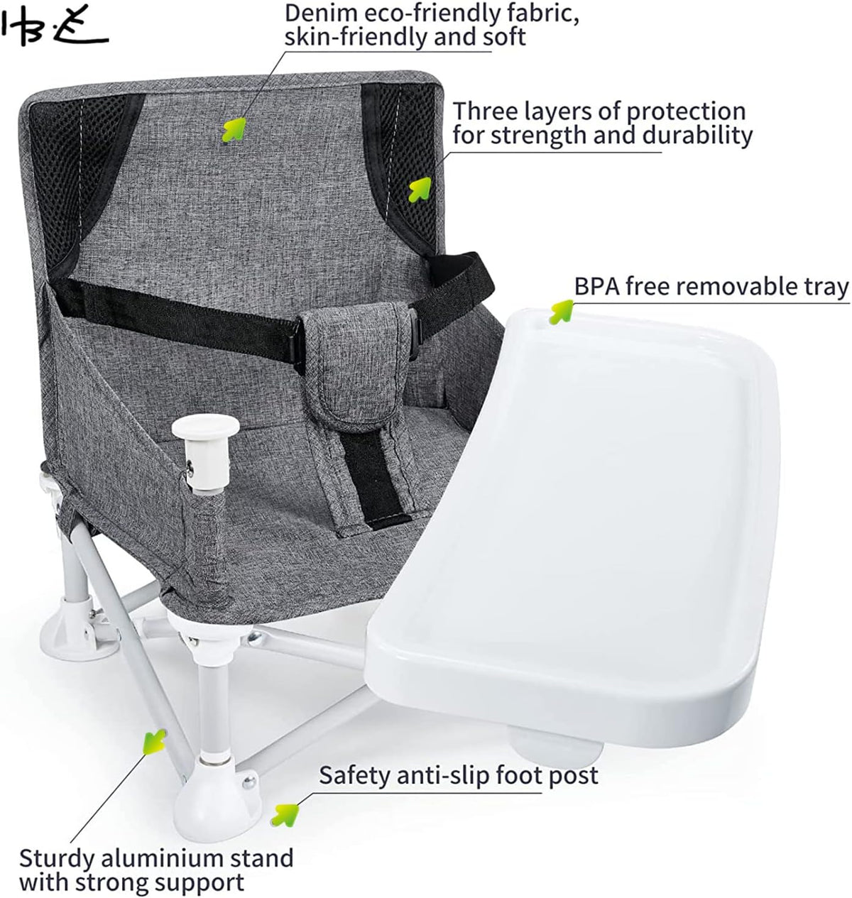 Baby Portable Travel Booster Seat Folding Dining Chair High Multifunctional Child Little Seat Dining Aluminum Alloy Travel Compact high Chair with Tray Grey