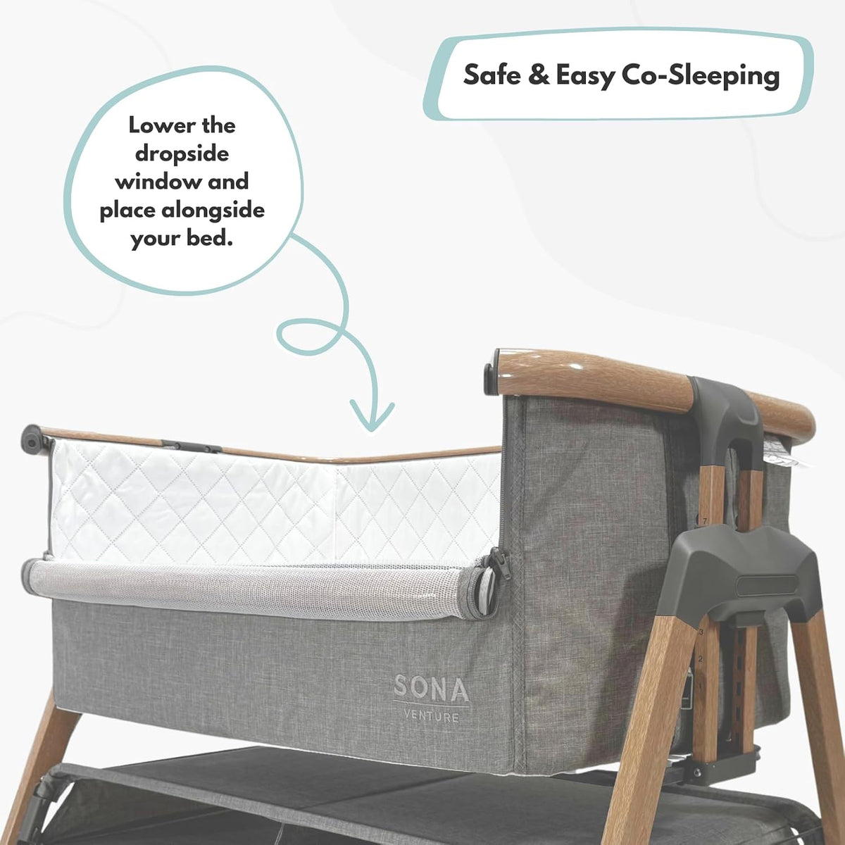 Venture Sona Next To Me Crib – Adjustable Baby Bed with Dropside, Premium Mattress, Breathable Mesh & Storage Shelf - No-Tool Assembly Bedside Baby Crib, Bassinet for Newborns 0–6 Months - Grey