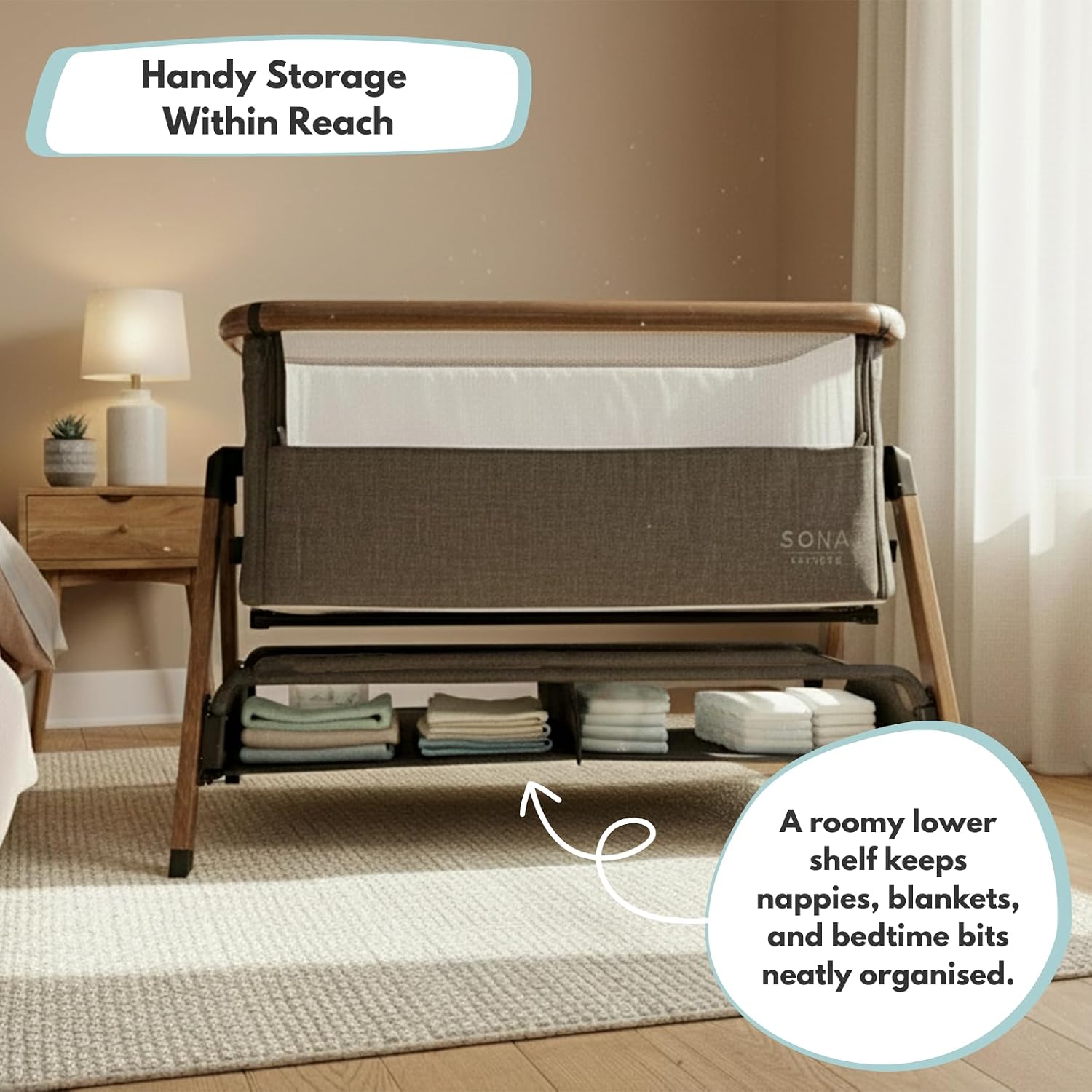 Venture Sona Next To Me Crib – Adjustable Baby Bed with Dropside, Premium Mattress, Breathable Mesh & Storage Shelf - No-Tool Assembly Bedside Baby Crib, Bassinet for Newborns 0–6 Months - Grey