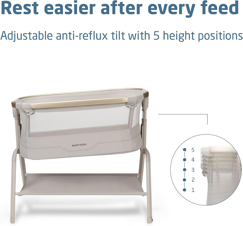 Maxi Cosi Iora² Co-Sleeping Bassinet, 0–6 Months (9 kg), Foldable & Lightweight Baby Bedside Crib, 5 cm CloudCore mattress, 5 Height Levels, 2 Smooth Gliding Wheels, Easy Slide, Elegance Beige