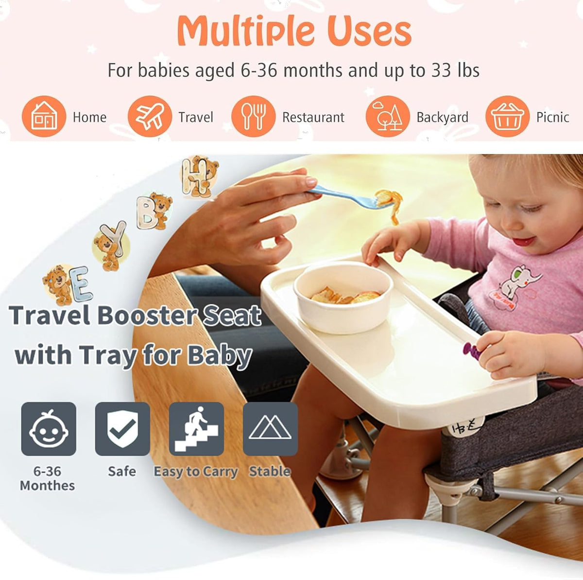 Baby Portable Travel Booster Seat Folding Dining Chair High Multifunctional Child Little Seat Dining Aluminum Alloy Travel Compact high Chair with Tray Grey
