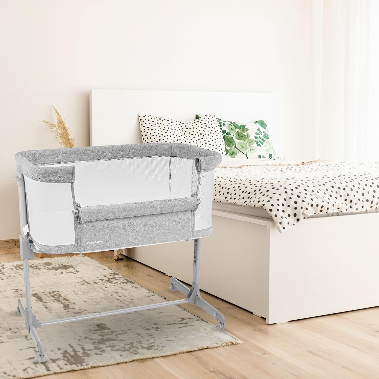 Next to me Crib 3 in 1 - Bedside Cots for Babies - Baby Bassinet with Breathable Mesh - Baby Cot with Mattress Included - 7 Height Levels - Wheels & Removable Side Panel - Suitable up to 9kg